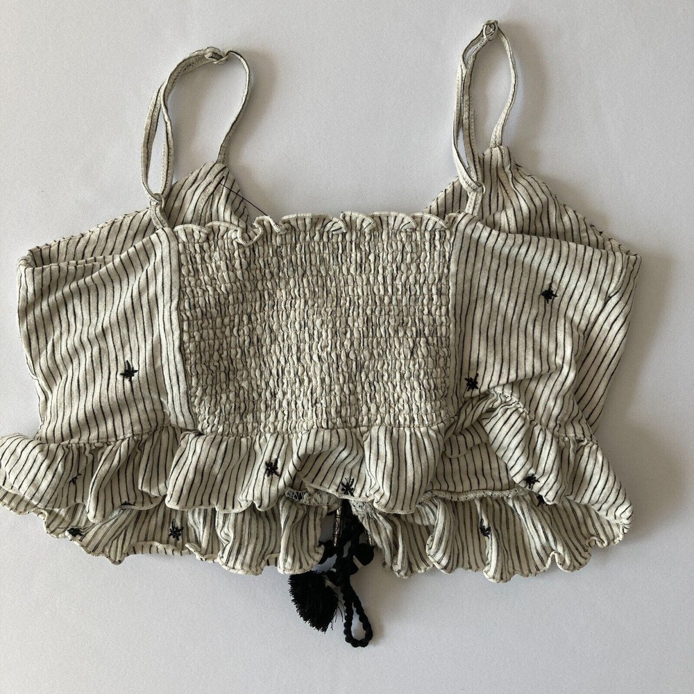 AEO Women's Embroidered Lace Up Beaded Tassel Ruffle Camisole Tank Top Medium - Picture 9 of 10
